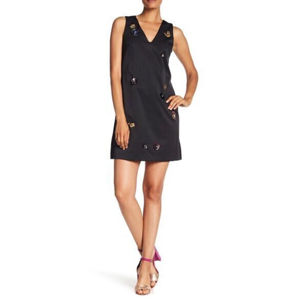 Nicole Miller Black Sequined 3D Floral Applique Sheath Dress